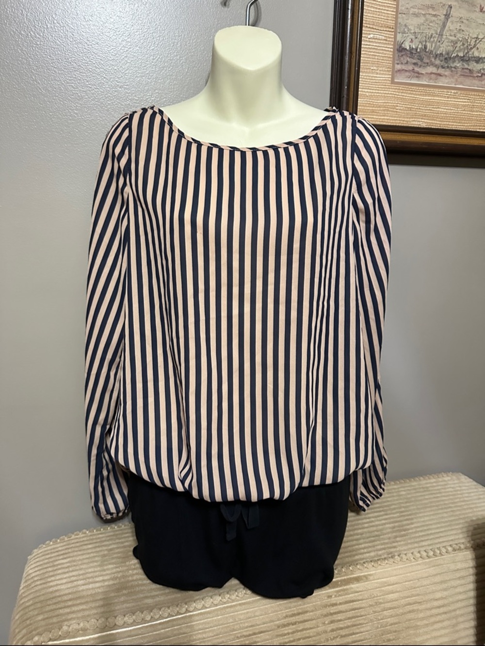 Umgee Navy and Cream Vertical-Stripe Long-Sleeve Blouse Sheer With open Sleeves